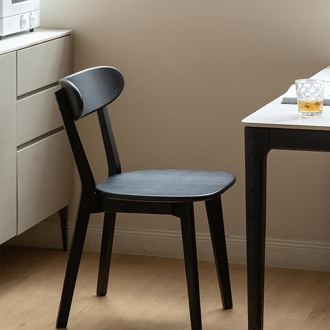 Black Dining Chairs Set of 2, Solid FAS Grade Oak Wood Kitchen Chair Pair, Modern Curved Back & 400lb Capacity, Easy Assembly for Breakfast Nook & Cafe