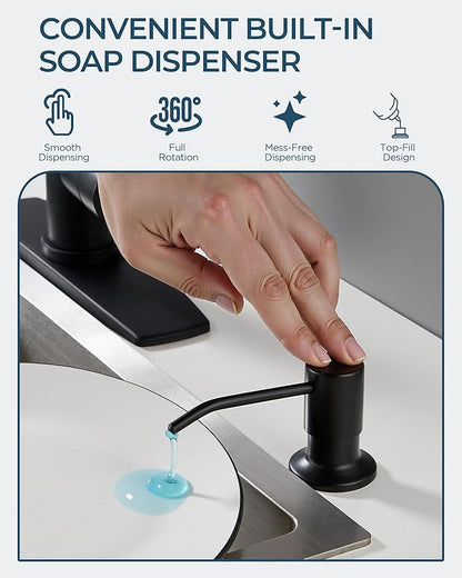 FORIOUS Black Kitchen Faucet with Soap Dispenser, Stainless Steel Kitchen Sink Faucet with Pull Down Sprayer Single Handle Modern Spring Commercial for Laundry Utility Room RV Camp Bar Farmhouse