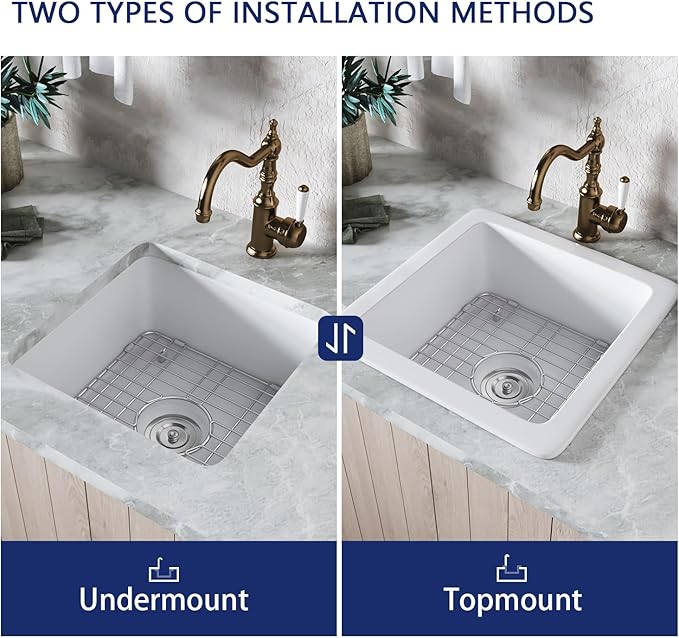 DeerValley Undermount Kitchen Sink 18" L x 18" W Fireclay Single Bowl Kitchen Sink Square Bar Sink with Sink Grid and Basket Strainer
