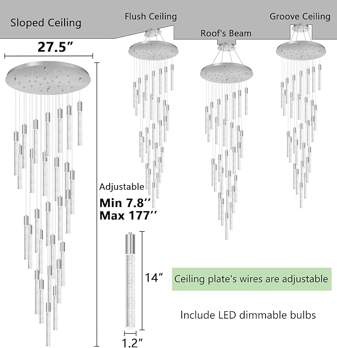 HAIXIANG W27.5 x H177 Large Glam Chandelier Bubble Crystal Ceiling Chandeliers Remote Dimmable LED Light High Ceiling Pendants Light Fixtures Adjustable Long Lights 28-Lights Silver Lamp