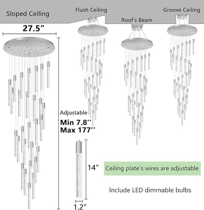 HAIXIANG W27.5 x H177 Large Glam Chandelier Bubble Crystal Ceiling Chandeliers Remote Dimmable LED Light High Ceiling Pendants Light Fixtures Adjustable Long Lights 28-Lights Silver Lamp