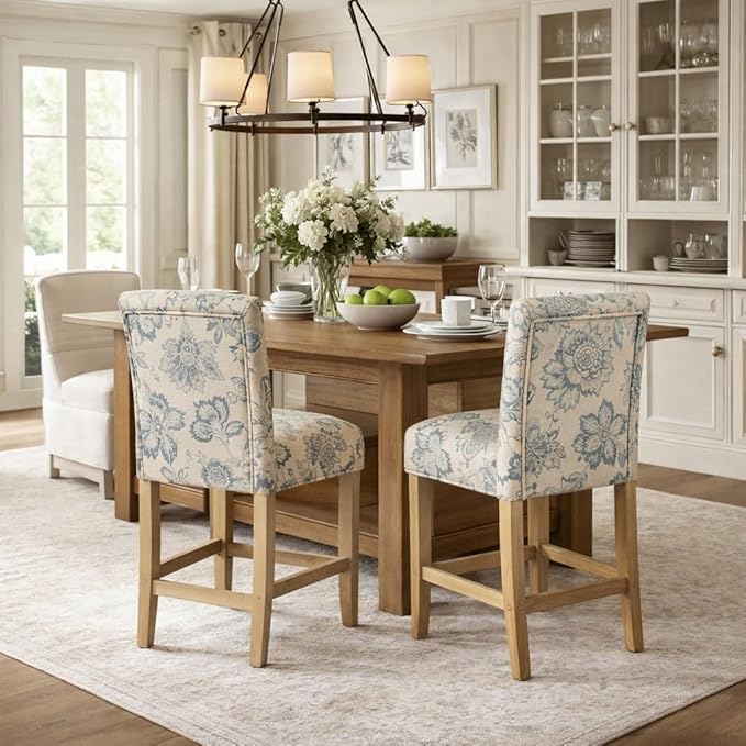 HomePop Upholstered Counter Height Barstool, 24-inch, Blue and Tan Jacobean