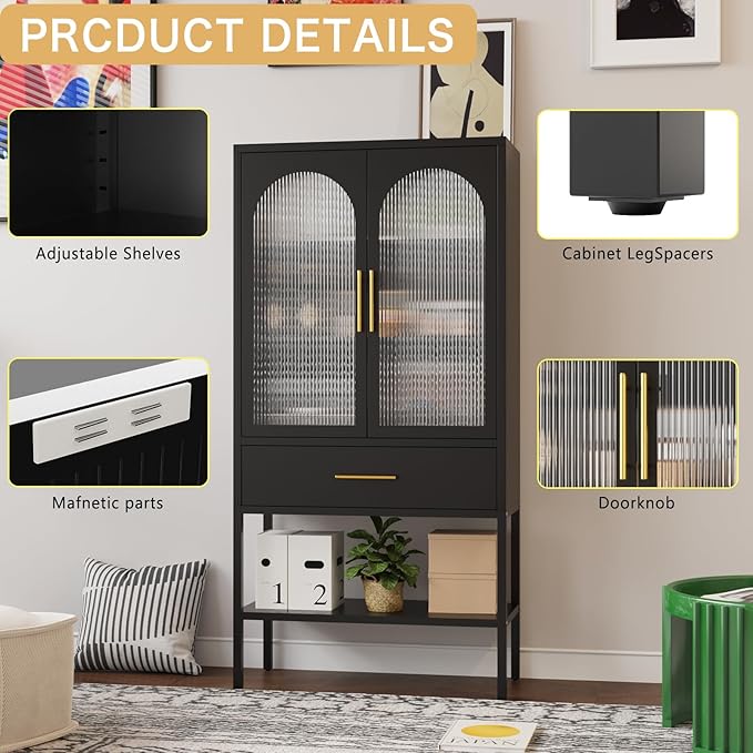 ALBAD 63 Inch Tall Metal Pantry/Display/Storage Cabinet with Fluted Glass Doors and Drawer & Adjustable Shelf for Modern Home Office Living Room Kitchen Black