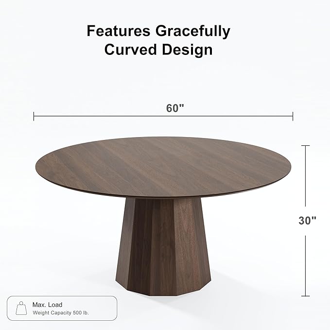 Casaphoria 60" Round Dining Table, Modern Wood Kitchen Table with Cone Shaped Strip Polygonal Base for Living Room & Dining Room, Easy Assembly Farmhouse Furniture for 4-6, Walnut