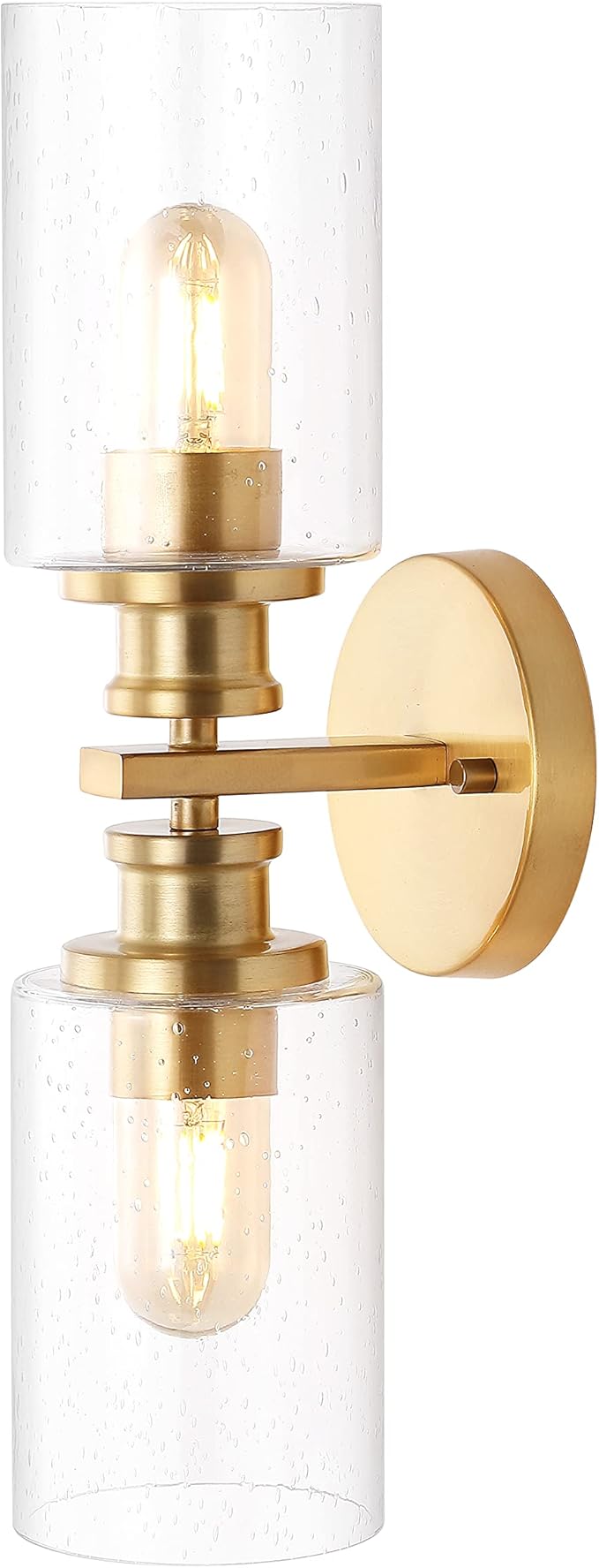 JONATHAN Y 16.5" Brass Gold 2-Light LED Wall Sconce, Modern Farmhouse Vanity Light with Seeded Glass Shade, Industrial Iron Fixture for Bathroom Mirror, LED Bulbs Included (JYL7577E)