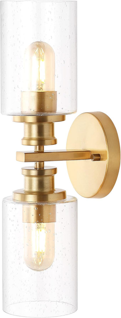 JONATHAN Y 16.5" Brass Gold 2-Light LED Wall Sconce, Modern Farmhouse Vanity Light with Seeded Glass Shade, Industrial Iron Fixture for Bathroom Mirror, LED Bulbs Included (JYL7577E)