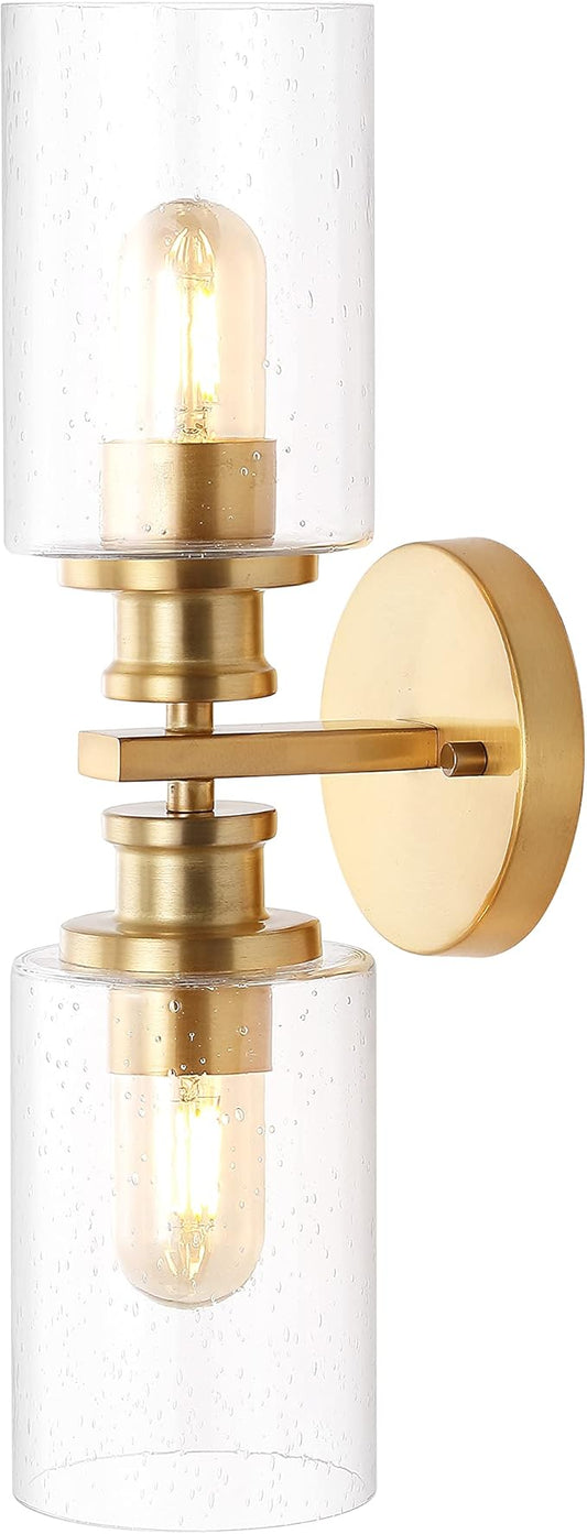 JONATHAN Y 16.5" Brass Gold 2-Light LED Wall Sconce, Modern Farmhouse Vanity Light with Seeded Glass Shade, Industrial Iron Fixture for Bathroom Mirror, LED Bulbs Included (JYL7577E)
