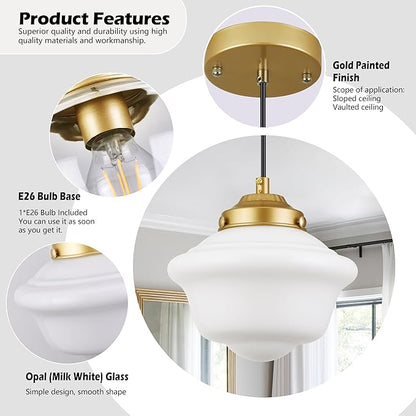Gold Schoolhouse Light Fixture 8" Milk Glass Light Fixture Mid Century Pendant Light Milk Glass Pendant Light Schoolhouse Pendant Light for Bedroom Dining Room Kitchen (Bulb Incl.)