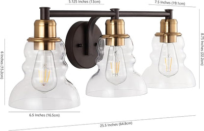 JONATHAN Y 25.5" Brass Gold/Oil Rubbed Bronze Modern Industrial Rustic 3-Light LED Vanity Light with Clear Glass Shade, Vintage Wall Sconce for Bathroom Kitchen Hallway, LED Bulb Included (JYL3546A)