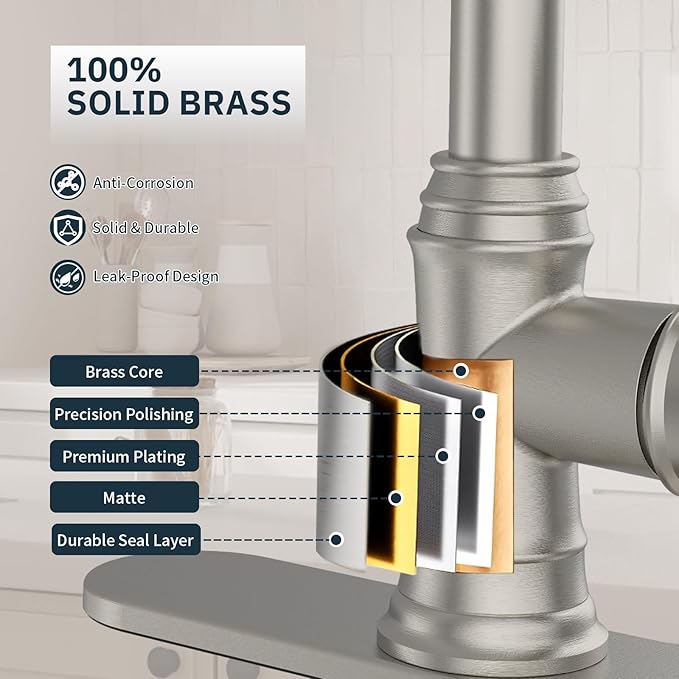 BWE Brushed Nickel Kitchen Faucet with Pull Down Sprayer, Solid Brass Single Handle High Arc Kitchen Sink Faucet, 3 Spray Modes, Deck Plate Included, Farmhouse Bar Kitchen Faucet
