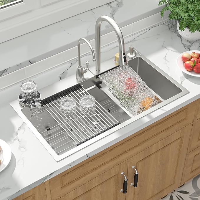 Mocoloo 33 Inch Honeycomb Waterfall Kitchen Sink - 33x19 Drop In Ledge Workstation 16 Gauge Stainless Steel Single Bowl Modern Sink with Faucet Combo and Built-in Accessories