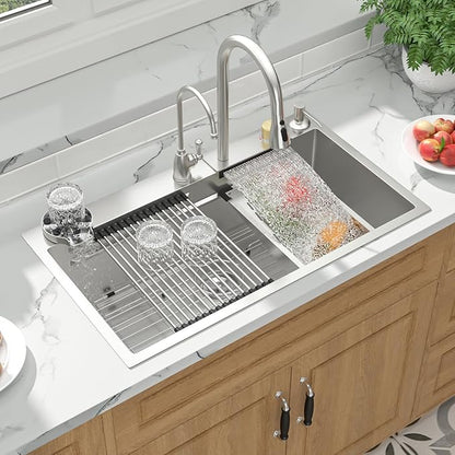 Mocoloo 33 Inch Honeycomb Waterfall Kitchen Sink - 33x19 Drop In Ledge Workstation 16 Gauge Stainless Steel Single Bowl Modern Sink with Faucet Combo and Built-in Accessories