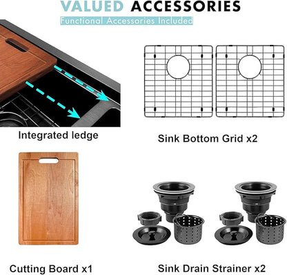 Black Double Farmhouse kitchen Sink,16-Gauge SUS304 Stainless Steel Farm Sinks, 50/50 Apron Front Features Workstaion Sink With Accessories,33''×20''×10" Large and Deep Double Kitchen Sinks