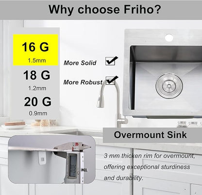 Friho 15x15 Inch Drop in Bar Sink, Top mount Small Kitchen Sink, 16 Gauge Handmade T-304 Stainless Steel Square Single Bowl Sink for RV Wet Bar Prep RV Outdoor with Accessories