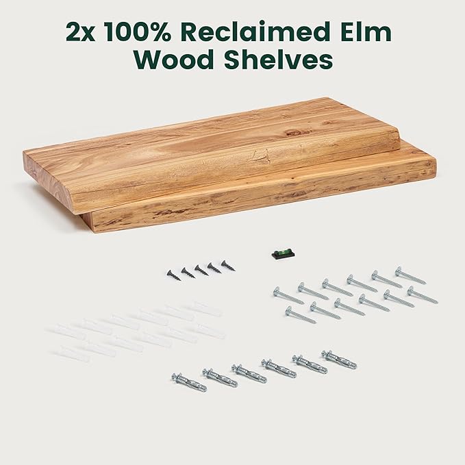 24 Inch Live Edge Floating Shelves, 8 Inch Deep Solid Elm Wood Wall Shelf, Heavy-Duty Wall Mounted Shelf with Invisible Brackets for Living Room, Bathroom, Kitchen, Set of 2, Natural Color