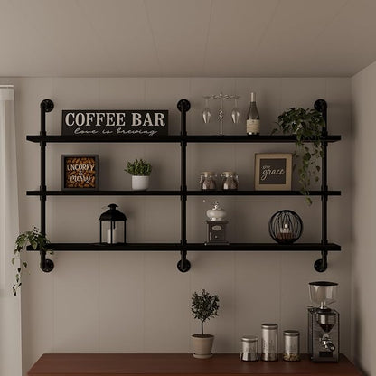 HDDFER Industrial Pipe Shelving Rustic Black Pipe Wall Shelves Industrial Shelves with Wood Planks Floating Shelves 60 Inch Farmhouse Bathroom,Kitchen Shelving Wall Mounted