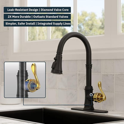 BWE Black Kitchen Faucet with Pull Down Sprayer and Gold Single Handle High Arc 3 Spray Modes Commercial Kitchen Sink Faucet Solid Brass with 10" Deck Plate for Kitchen Sink 1 or 3 Holes