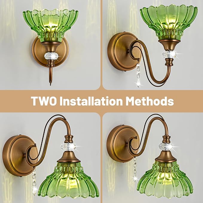 1 Piece Vintage Wall Sconce, 1-Light Matte Antique Brass Finish Wall Sconce with Hanging Crystal Accents and Flower-Shaped Green Shades for Bathroom Bedroom Living Room,Vintage Vanity Light
