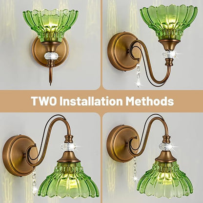 1 Piece Vintage Wall Sconce, 1-Light Matte Antique Brass Finish Wall Sconce with Hanging Crystal Accents and Flower-Shaped Green Shades for Bathroom Bedroom Living Room,Vintage Vanity Light