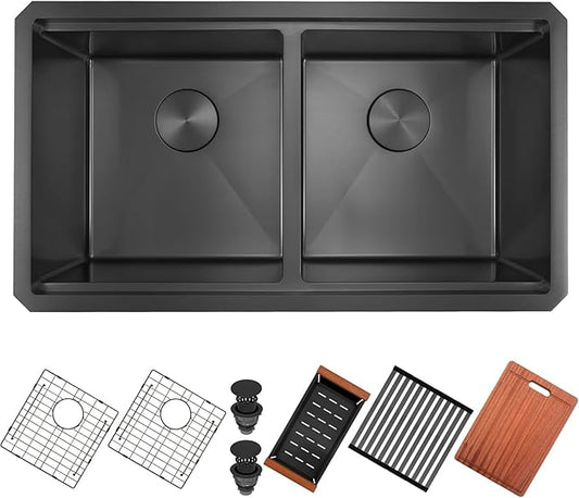 Black Undermount Kitchen Sink 30 x 18 Inch, 50/50 Double Bowl Kitchen Sinks, 16 Gauge Stainless Steel Workstation Sink with Ledge & Accessories, 30" x 18"x 10" Large and Deep Double Sink