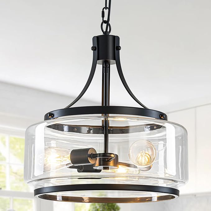 15.7 Inch Glass Drum Dining Room Light Fixture Over Table, Modern Black Chandeliers for Dining Room, Drum Pendant Light for Kitchen,Entryway,Living Room