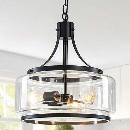 15.7 Inch Glass Drum Dining Room Light Fixture Over Table, Modern Black Chandeliers for Dining Room, Drum Pendant Light for Kitchen,Entryway,Living Room