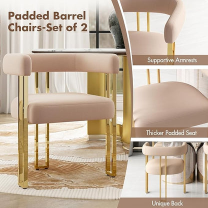 Hyfirm Velvet Dining Chairs Set of 2, Khaki Upholstered Barrel Armchairs with Gold Metal Legs for Kitchen Island, Mid Century Modern Accent Side Chairs for Dining Room and Living Room, Open-Back
