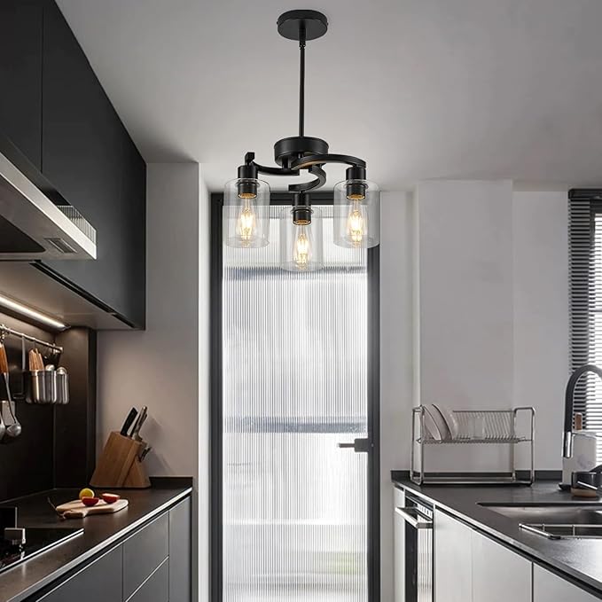 3 Lights Farmhouse Black Chandeliers Adjustable Height Hanging Modern Industrial Ceiling Pendant Lights for Kitchen Island Living Room Foyer Entry Bedroom Staircase