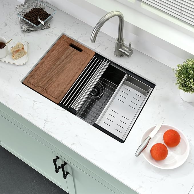 PEPO 33 Inch Black Undermount Kitchen Sink Workstation with Cutting Board & Accessories 16 Gauge Stainless Steel Hides Scratches NANO-PVD Finish 33x19x10 Deep Single Bowl