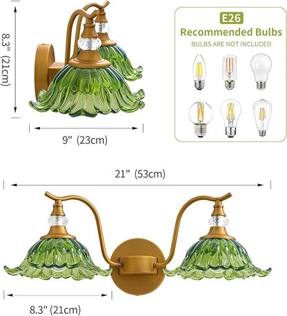 Vintage Bathroom Vanity Light Fixtures - 2 Light Antique Brass Bathroom Lights Fixture Over Mirror with Green Flower Glass,Retro Brushed Gold Bronze Wall-Mounted Vanity Lighting for Powder Room