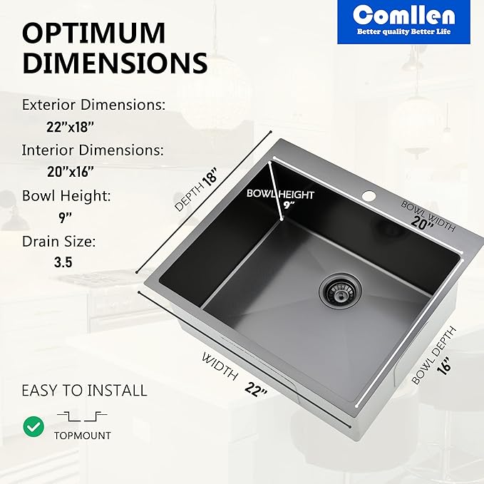 Comllen 22x18 Inch Black Kitchen Sink,Drop In 16 Gauge RV Small Kitchen Bar Sinks,Stainless Steel Topmount Outdoor Prep Single Bowl Workstation Wet Bar Sink