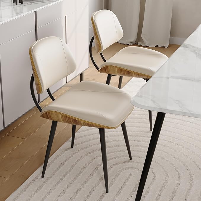 Mid Century Modern Dining Chairs Set of 6, PU Leather Armless Kitchen Chairs with Walnut Bentwood Back & Metal Legs, Sturdy Retro Accent Chairs for Dining Room, Living Room, Beige