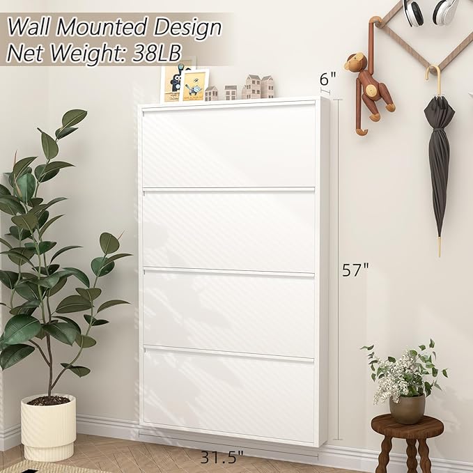 GREATMEET Slim Wall Mounted Shoe Cabinet, 6 Inch Narrow White Hidden Metal Shoe Storage with 4 Flip Drawers, Tall 57 Inch Steel Space Saving Organizer Rack for Entryway Hallway Small Spaces