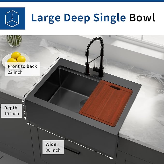 30 Inch Farmhouse Black Sink, 16 Gauge 304 Stainless Steel Farm Sinks, Drop In Topmount Single Bowl Workstation Sink with all Accessories, 30" x 22" x 10" Deep Kitchen Sink