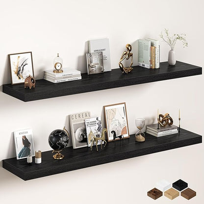 Fun Memories 72 Inch Floating Shelves, 12 Inch Deep Wall Shelf for Fireplace Mantel, Deep Storage Shelves for Home & Office, Long Floating Shelf with Invisible Bracket, Black, Set of 2