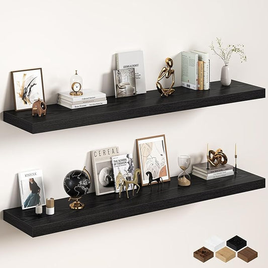 Fun Memories 72 Inch Floating Shelves, 12 Inch Deep Wall Shelf for Fireplace Mantel, Deep Storage Shelves for Home & Office, Long Floating Shelf with Invisible Bracket, Black, Set of 2