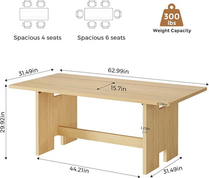 Jocoevol 63" Folding Dining Table for 4-6, Modern Dining Room Table with Large Foldable Tabletop, Wood Folding Table with Foldable Legs, Dinner Tables for Kitchen Dining Room (Natural)