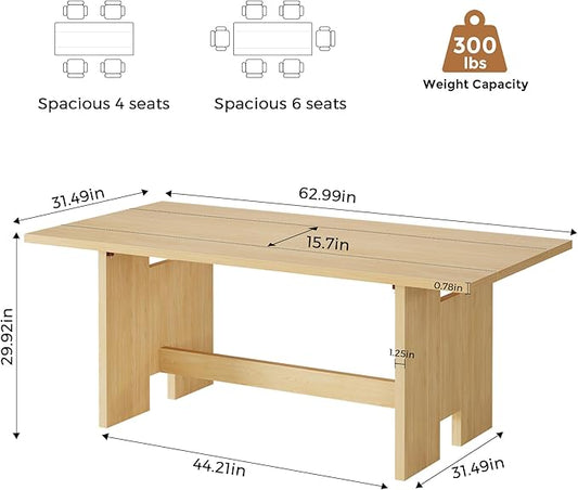 Jocoevol 63" Folding Dining Table for 4-6, Modern Dining Room Table with Large Foldable Tabletop, Wood Folding Table with Foldable Legs, Dinner Tables for Kitchen Dining Room (Natural)