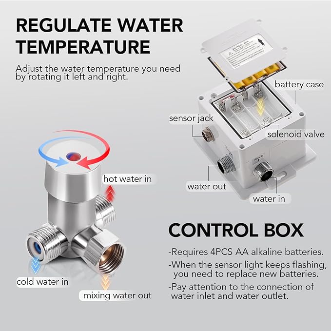 Automatic Touchless Bathroom Sink Faucet Commercial Sensor Motion Activated Hands Free Basin Auto Tap with Deck Cover Plate Battery Operated Temperature Valve Water Saving Modern Stylish（Chrome）