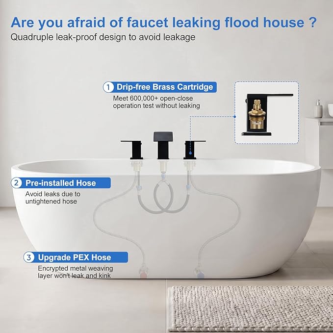 RUMOSE Matte Black Roman Bathtub Faucet Set Waterfall Tub Faucets High Flow Widespread 6-16 Inch 3 Holes Deck Mount Tub Filler 2 Handles Bathtub Filler Soaking Bath Faucet