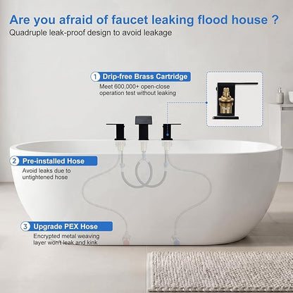 RUMOSE Matte Black Roman Bathtub Faucet Set Waterfall Tub Faucets High Flow Widespread 6-16 Inch 3 Holes Deck Mount Tub Filler 2 Handles Bathtub Filler Soaking Bath Faucet