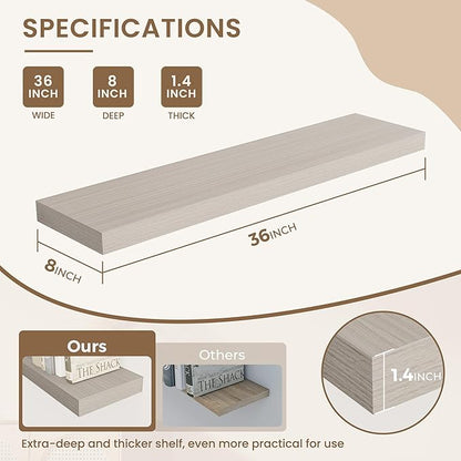 Dreamland 36 Inches Floating Shelves for Wall, 8" Deep Long Floating Shelves Set of 2, Large Display & Storage Shelf, Wall Shelf for Bathroom Bedroom Living Room Kitchen Office, Grey