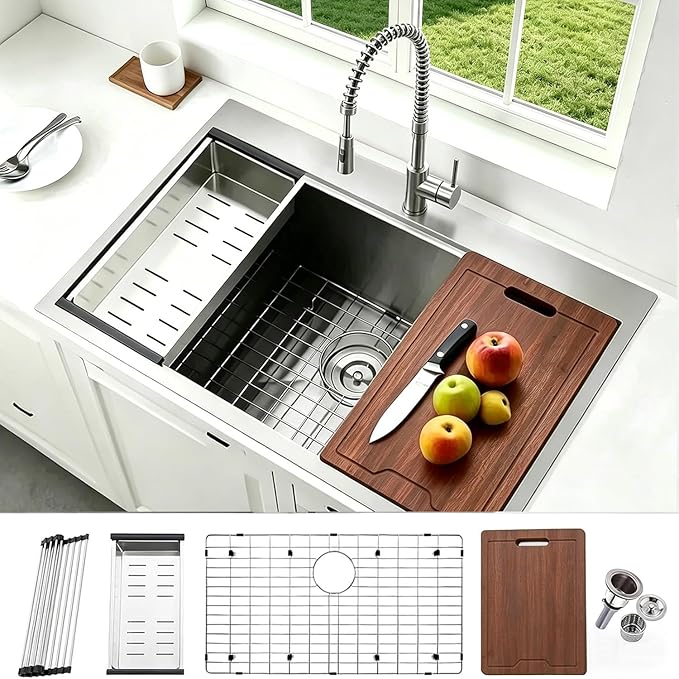 Friho 33x22 Inch Drop in Kitchen Sink, Single Bowl Workstation Handmade Farmhouse Topmount Stainless Steel Kitchen Sink with Dish Grid,Dish Drainer,Cutting Board Basket Strainer