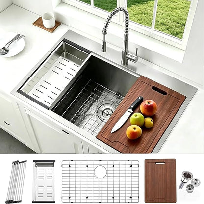 Friho 33x22 Inch Drop in Kitchen Sink, Single Bowl Workstation Handmade Farmhouse Topmount Stainless Steel Kitchen Sink with Dish Grid,Dish Drainer,Cutting Board Basket Strainer