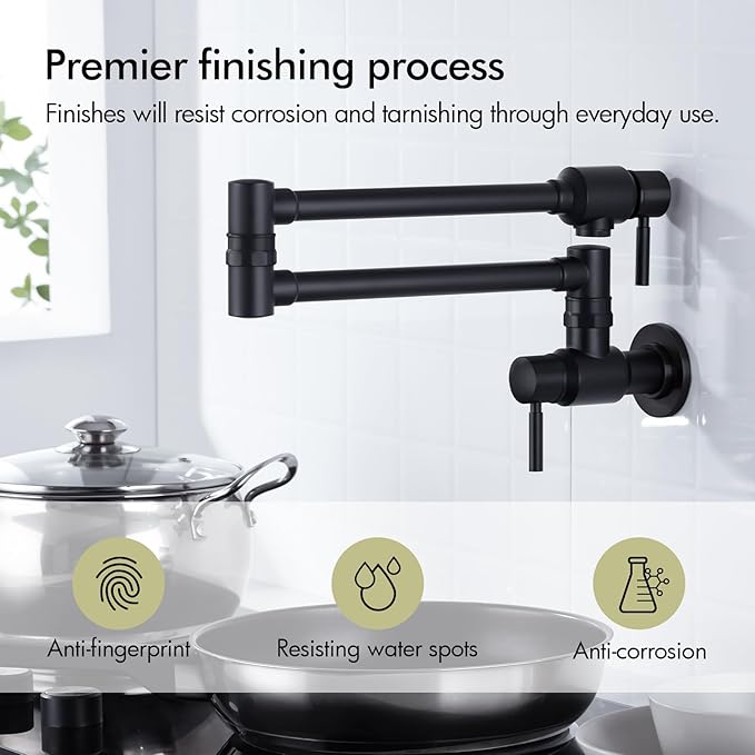 BAGNOLUX Pot Filler Faucet, Wall Mount Pot Filler Commercial Brass Kitchen Faucet Cold Water Only Double Lever Handle with Dual Joint Swing Arm Brass Stove Faucet, Matte Black, 23.4''