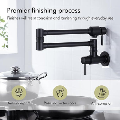 BAGNOLUX Pot Filler Faucet, Wall Mount Pot Filler Commercial Brass Kitchen Faucet Cold Water Only Double Lever Handle with Dual Joint Swing Arm Brass Stove Faucet, Matte Black, 23.4''