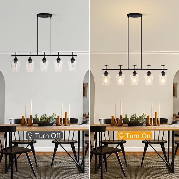 5-Light Linear Chandelier 35.4in Black Kitchen Island Lighting Fixture Dining Room Light Fixture Pendant Lights Ceiling Hanging Modern Kitchen Chandeliers Over Table with Clear Glass Shades