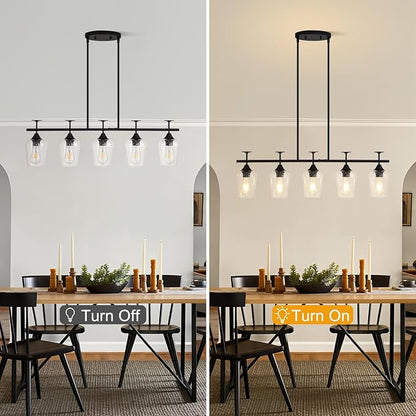 5-Light Linear Chandelier 35.4in Black Kitchen Island Lighting Fixture Dining Room Light Fixture Pendant Lights Ceiling Hanging Modern Kitchen Chandeliers Over Table with Clear Glass Shades