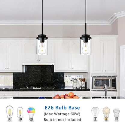 MELUCEE 2 Pack Pendant Lights for Kitchen Island Black Adjustable Hanging Ceiling Lamp with Clear Glass Shade, Industrial Glass Pendant Lights for Dining Table Hallway Bedroom Living Room