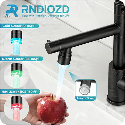 LED Kitchen Faucet with Pull Down Sprayer - ORB Single Handle Commercial Kitchen Faucets, 2-Spout Kitchen Sink Faucet, Stainless Steel Spring Pull Out Sink Faucet 1/3 Hole